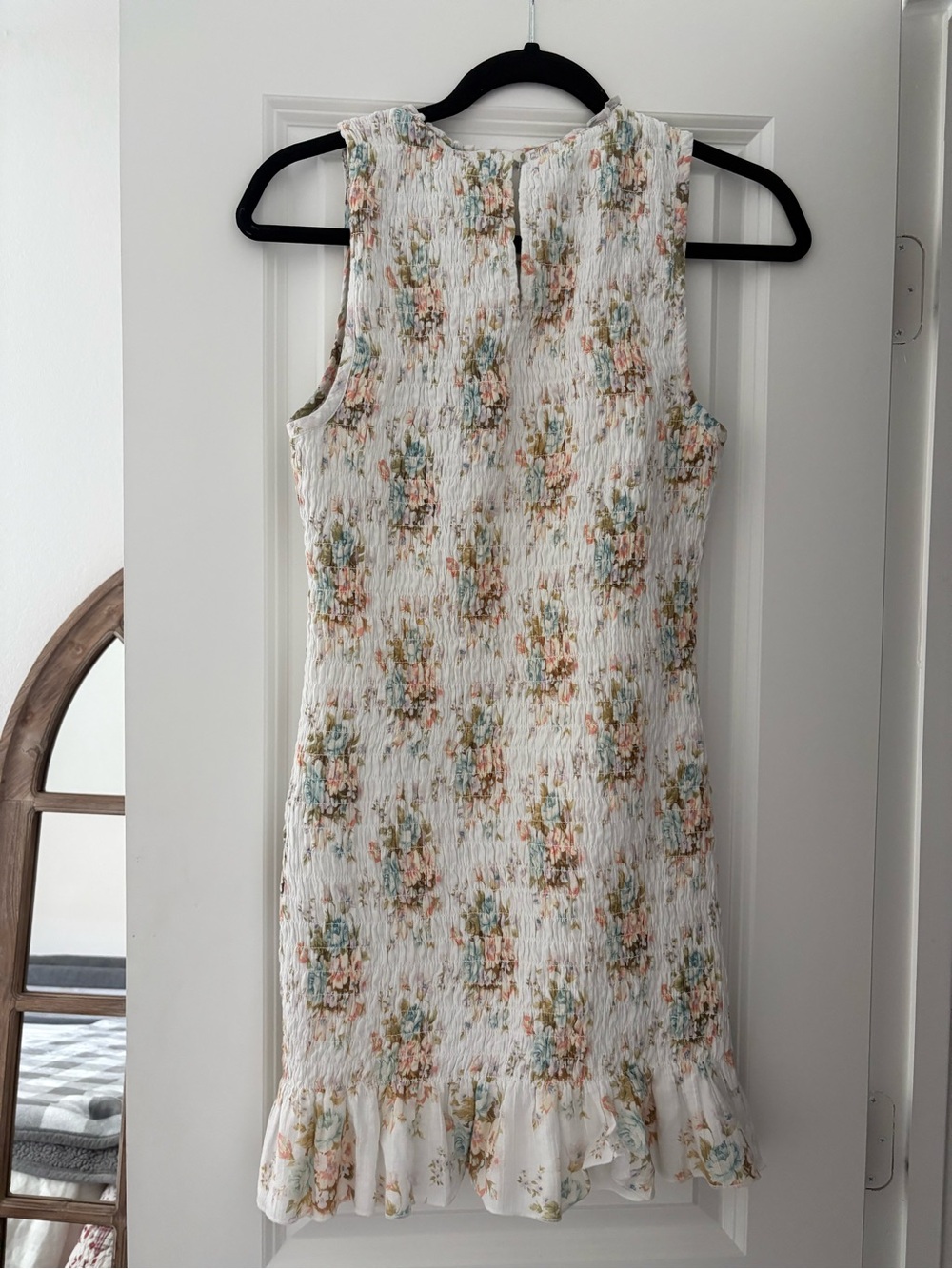 American Eagle Outfitters Cream Floral Smocked Mini Dress with Ruffle Hem
